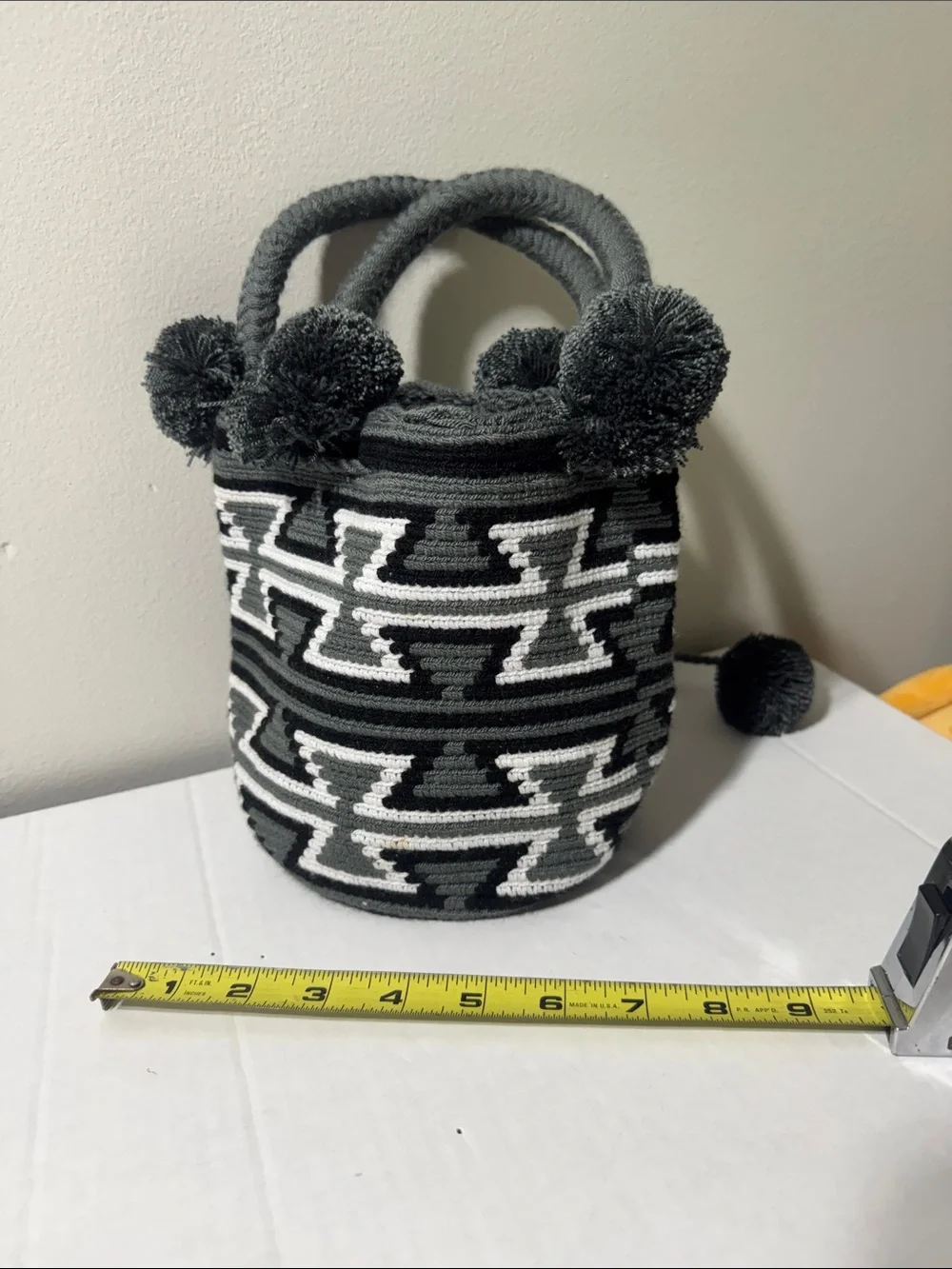 Wayuu Handwoven Black & White Pom-Pom Bucket Bag